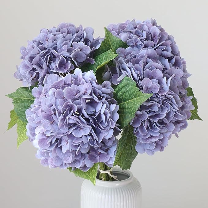 Buart 3PCS Long Stem Big Size Flowers Artificial Silk Hydrangea Lifelike Flowers Real Touch Purple Artificial Flowers Wedding Shower Bride Bouquets Office Living Room Table Decorations (21 Inch)