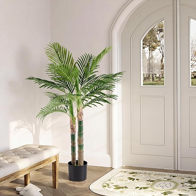 DUMOS 47in Artificial Palm Tree, Tall Faux Fake Plants Indoor with Black Planter Pot and Lifelike Leaves, Maintenance Free Artificial Silk Tree for Home, Office, House, Living Room, Porch Decor