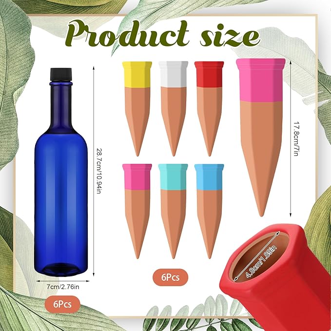 SiliFine 6 Sets Plant Watering Devices Include Terracotta Self Watering Spikes and 26 oz Plastic Bottles, Slow Release Vacation Insert Automatic Plant Waterer Device (Blue and Mixed Color)