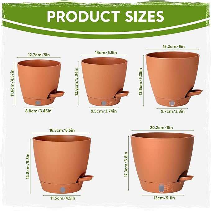 Self Watering Pots for Indoor Plants (5/5.5/6/6.5/8 Inch), Terra Cotta Planters with Water Level Indicator & Drainage,Wicking Pots for Monstera, Herbs & Snake Plant (Terra Cotta, 5/5.5/6/6.5/8 Inch)