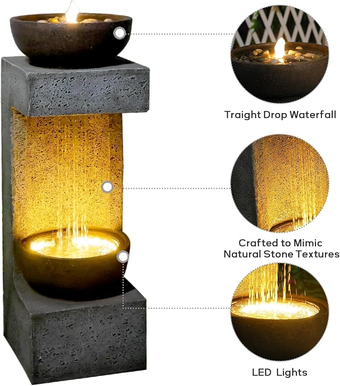 Garden Outdoor Water Fountain with LED Lights – 33.9" Resin Rain Curtain Water Feature with Bowl, Modern Freestanding Garden Waterfall Fountain for Patio, Porch, Balcony or Yard Décor, Grey
