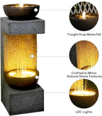 Garden Outdoor Water Fountain with LED Lights – 33.9" Resin Rain Curtain Water Feature with Bowl, Modern Freestanding Garden Waterfall Fountain for Patio, Porch, Balcony or Yard Décor, Grey