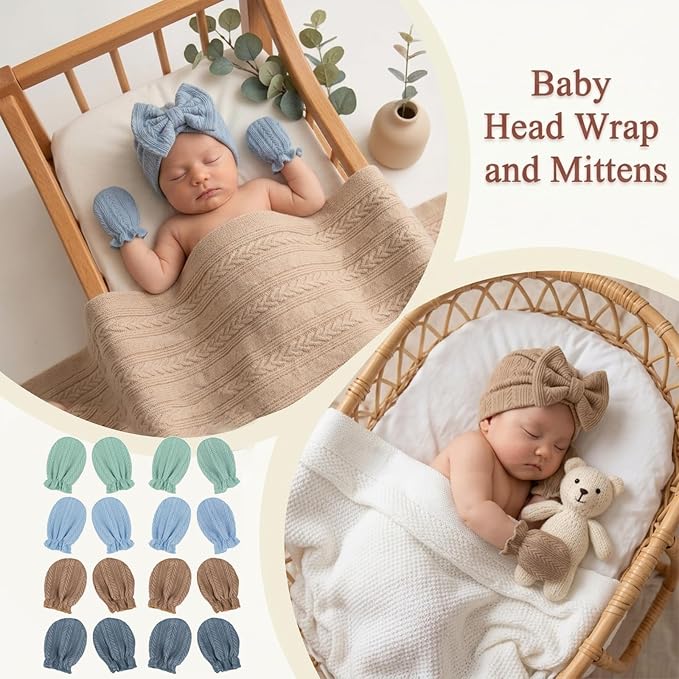 Newborn Baby Girl Hats Mittens Set Cotton Hospital Bow Hat Beanies Caps Gloves for New Born Girls 0-6 Months