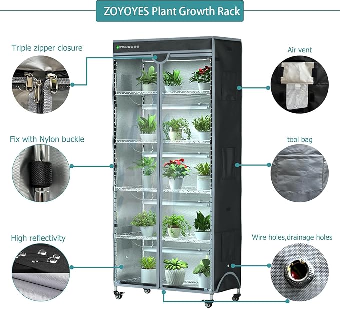 Indoor Greenhouse 6-Tier Plant Rack with Cover, 5 T8 Grow Lights, Thermometer & Timer – Seedlings, Flowering, Herbs & Vegetables, Indoor Gardening, Easy Assembly 30" W x 14" D x 72" H