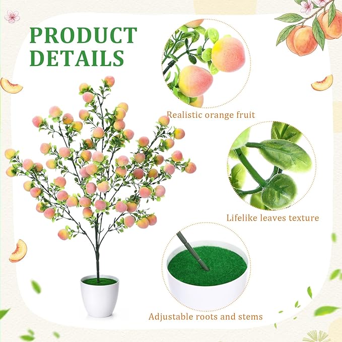 Suncalla 2 Pack Artificial Peach Potted Plants 21.65 Inches Fake Peach Tree Simulation Realistic Fruit Plant with Pot Faux Tree Indoor Decoration for Home Office Living Room Table Desk