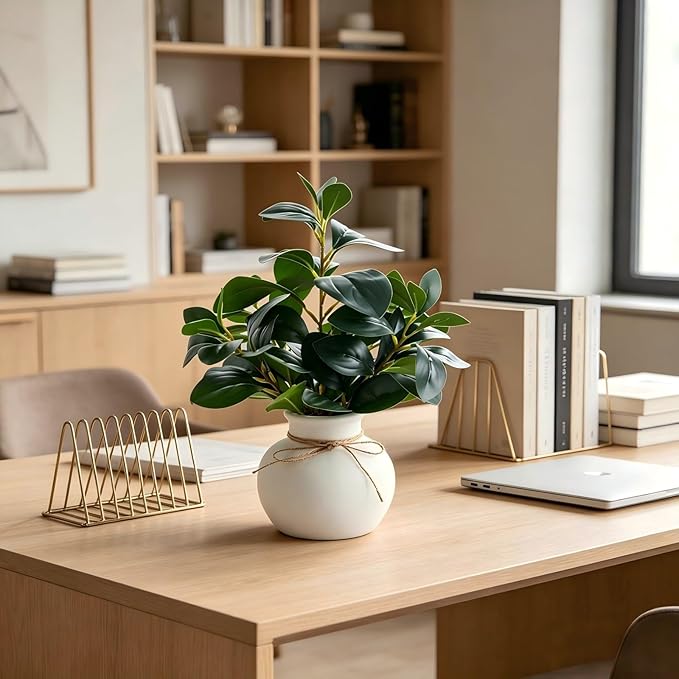 16.5'' Artificial Ficus Branch Arrangement, Real Looking Faux Plant with Glossy Green Oval Leaves, White Ceramic Vase with Rope Accent and Pebbles for Table Entryway Indoor Decor