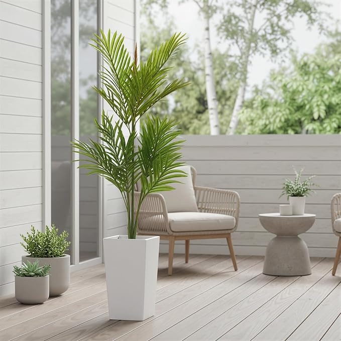 Artificial Palm Tree 4.5FT Tall, Faux Tropical Plant in White Tall Planter, Lifelike Potted Tree for Indoor Living Room, Bedroom, Home Office Decor