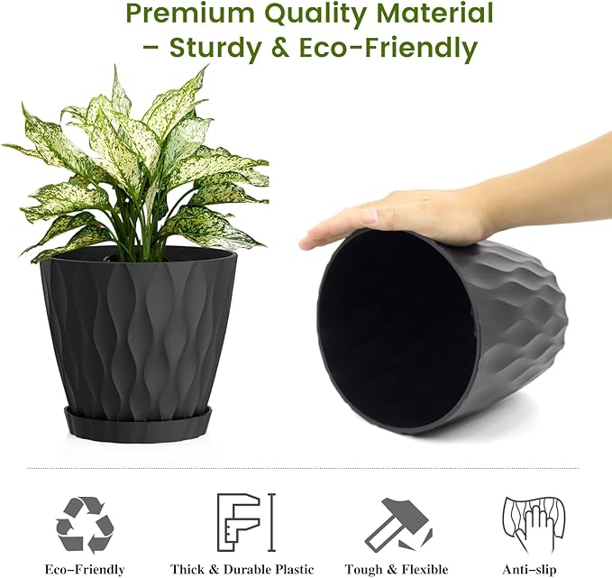 UOUZ 8 Inch Plant Pots, 2 Pack Plastic Planters for Indoor Outdoor with Drainage Holes & Saucers, Waffle Texture Flower Pots for Indoor Plants, Indoor Plant Pots for Monstera, Fiddle Leaf Fig, Black