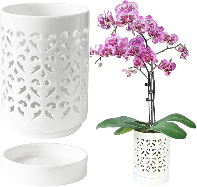 Orchid Pots with Holes,4 Inch Ceramic Orchid Pot for Repotting, Flower Planter Pot Indoor Outdoor, Breathable Slotted Orchids Planter White