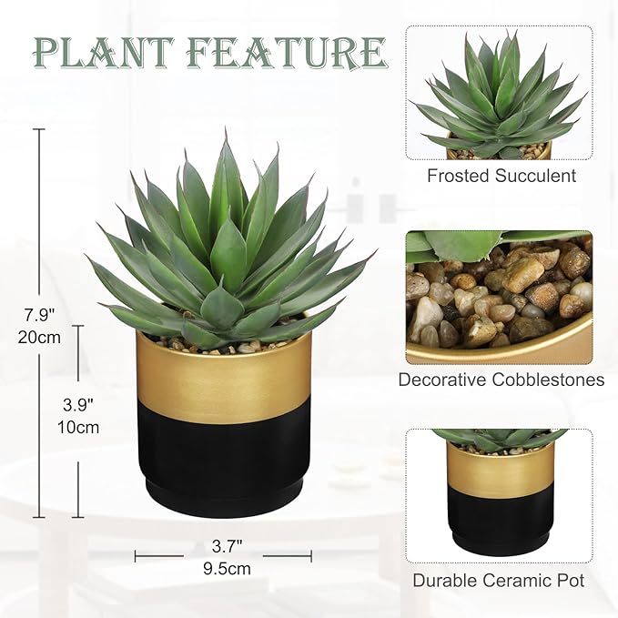 Briful Succulents Plants Artificial for Home Decor, Realistic Potted Fake Agave Plant, Gold Black Metal Pot, Cute Aloe Maguey Faux Plant, Shelves Tables Decor, Modern Farmhouse Kitchen Decorations