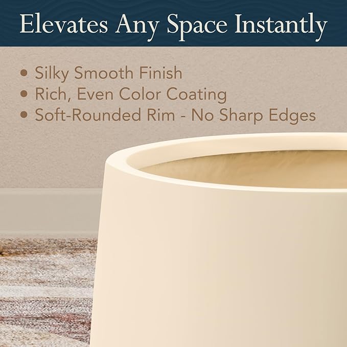 21" H x 19" D Premium Corso Fiberstone Round Tapered Planter with Drainage Hole, Weather Resistant for Indoor & Outdoor Use, Included 2 Extra Coco Mats (Kilim Beige, 15" Pot Opening)