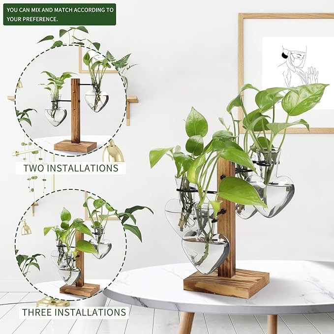 Plant Terrarium Propagation Stations with Wooden Stand, Glass Vase for Indoor Hydroponics Home Garden Office Decoration Gift for Women - 4 Love Bulb Vase