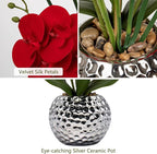 Briful Orchid Artificial Flowers 20'' Red Faux Orchid Flowers with Silver Vase Fake Phalaenopsis Silk Flowers for Home Office Dinning Room Kitchen Table Centerpiece Decor