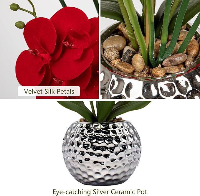 Briful Orchid Artificial Flowers 20'' Red Faux Orchid Flowers with Silver Vase Fake Phalaenopsis Silk Flowers for Home Office Dinning Room Kitchen Table Centerpiece Decor