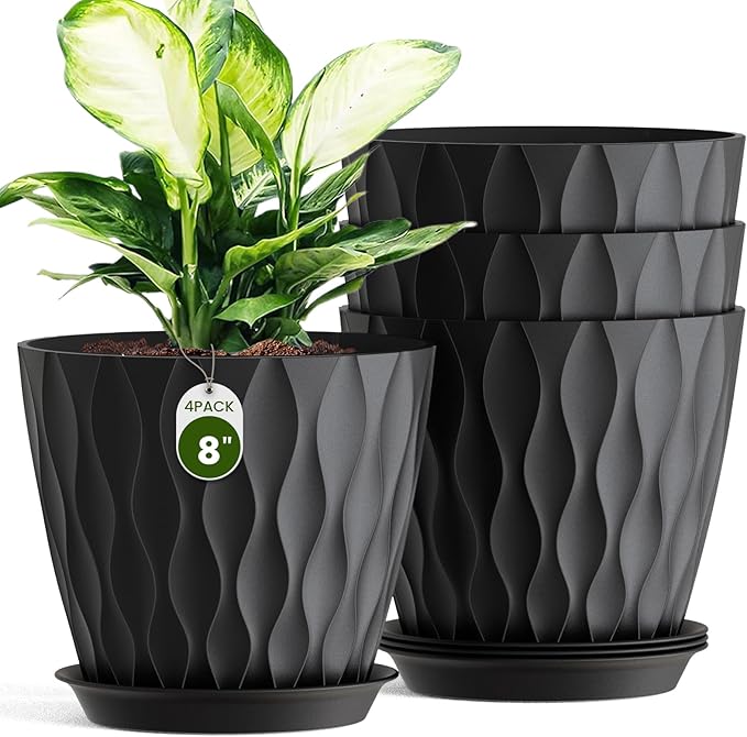 8" Water Wave Plant Pots with Drainage Holes & Saucers, 4 Pack Modern Textured Medium Planters for Indoor Outdoor Plants, Decorative Flower Pots Repotting Set for Flowers, Herbs (Black)