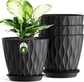 8" Water Wave Plant Pots with Drainage Holes & Saucers, 4 Pack Modern Textured Medium Planters for Indoor Outdoor Plants, Decorative Flower Pots Repotting Set for Flowers, Herbs (Black)