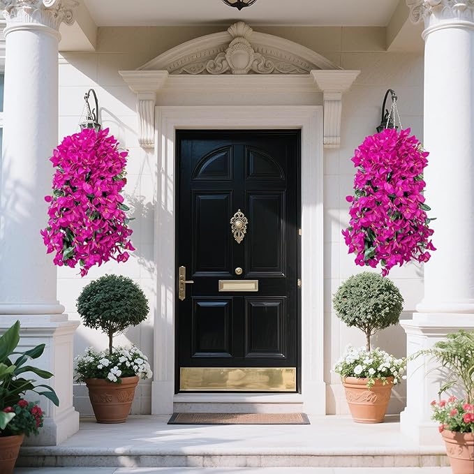 Artificial Flowers for Outdoors Fake Fuchsia Bougainvillea Hanging Flower Decoration, 2Pcs Realistic Faux Silk Plants Long Trailing Vines, Spring Decor for Porch Patio Balcony Planter Yard