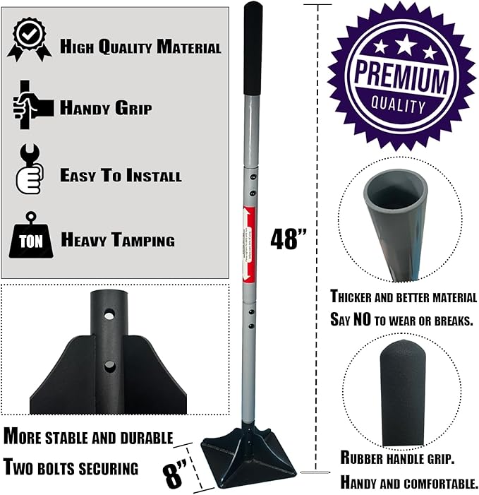 Heavy Duty Steel Tamper 10"x10" with 48 inch Ergonomic Handle and Rubber Foam Grip -Garden Landscaping Hand Rammer Compactor for Earth, Gravel and Dirt Pavement Compaction Paver Tool Trash Tamper