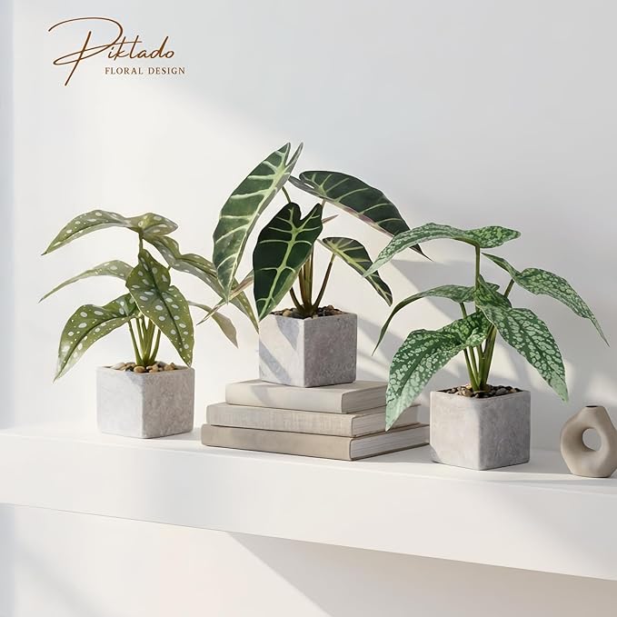 3pcs Small Fake Plants Artificial Begonia Leaves Faux Plants Indoor for Office Desk Shelf Bathroom Home Decor
