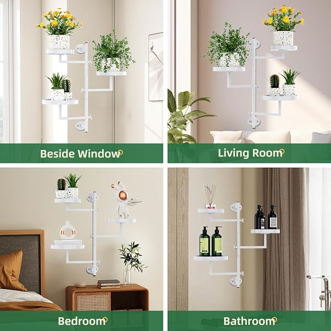 Wall Mount Plant Holder Outdoor Rotating Window Plants Shelves Metal Wall Plant Stand 3 Tier Wall Planters for Indoor Plants, for Outdoor, White