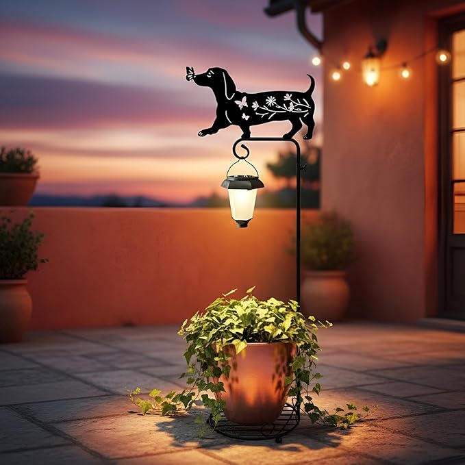 Solar Floor Lamp with Plant Stand Outdoor,Metal Dachshund Dog Garden Decorations,Solar Lanterns Outdoor Front Porch Decor for Deck,Patio,Yard