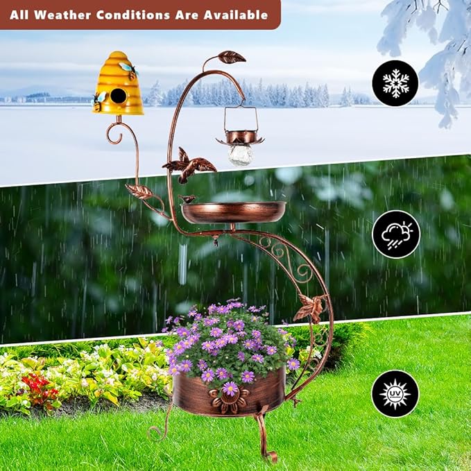 DREAMSOUL Solar Bird Bath with Bird House, 3 in 1 Bird Bath for Outside with Flower Planter, Metal Birdbath with Solar Light for Garden Yard Decor