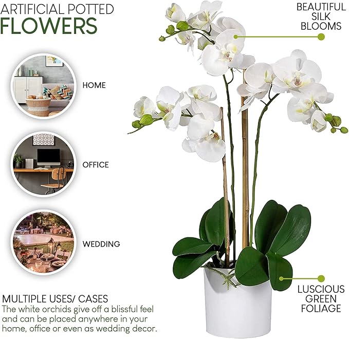 Serene Spaces Living White Realistic Phalaenopsis Orchids in Pot, Artificial Potted Flowers - Beautiful Entryway Vase, Foyer Table Décor, Measures 26" Tall & 5" Diameter, Set of 6