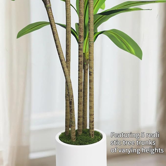 Artificial Dracaena Tree 5FT - Fake Plants Tree with White Planter - Faux Yucca Tree Tall with Lifelike Trunk and Leaves in Pot - Dracaena Artificial Plant for Home Office Living Room Decor