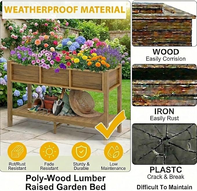 DWVO 48x18x30in Raised Garden Bed HDPE, Poly Wood Planter Box Stand,Weather-Resistant Planter Box with Legs, Elevated Garden Bed for Backyard, Patio, Balcony,Brown