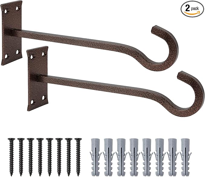 QIEGL 10inch Heavy Duty Plant Hangers Outdoor or Indoor Bird Feeder Hanger Shepherd Hooks 2pcs Bronze hammertone Metal Wall Hook for Hanging Plant Bracket, Lantern, Flower Basket, Wind Chimes