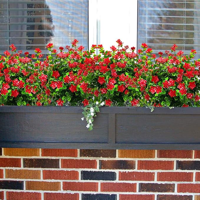 Grunyia 10 Bundles Artificial Fake Flowers, Faux Outdoor Plastic Plants UV Resistant Shrubs Outside Indoor Decorations (Red-Eucalyptus)
