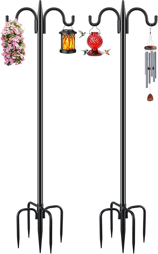 Gtongoko Double Shepherds Hook for Outdoor, 2 Pack 77 Inch Heavy Duty Bird Feeder Pole 3/4 Inch Thick Garden Hooks for Hanging Hummingbird Feeder, Plant Baskets, Solar Light Lanterns