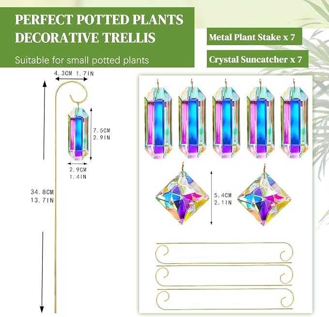 H&D HYALINE & DORA 7 Pack AB Colored Crystal Suncatcher Small Trellis Golden Plant Stake for Potted Plants Indoor Decoration 13.7 Inch