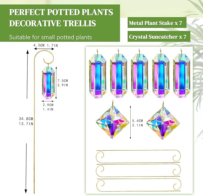 Kanpura 7 Pieces Crystal Prisms Suncatchers with 13.7 ’’ Small Trellis for Mini Potted Plants Garden Accessories Indoor Fairy Plant Suncatchers Gift for Plant Lovers (AB)