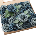 Floroom Artificial Flowers 50pcs Real Looking Dusty Blue Foam Fake Roses with Stems for DIY Wedding Bouquets Bridal Shower Centerpieces Floral Arrangements Party Tables Home Decorations