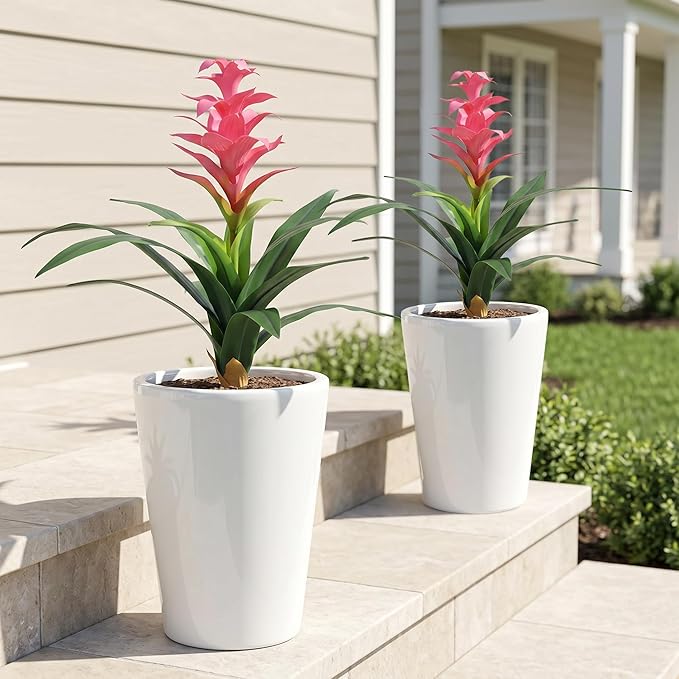 Ivydale Fake Flowers Plants for Outdoors, 2 Pcs 16.93" Bromeliad Artificial Flowers Uv Resistant Realistic Faux Flowers for Outdoor Planters Outside Porch Patio Yard Garden Indoor Decoration(Pink)