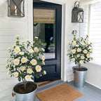 3.6FT Artificial Camellia Fake Tree, Artificial Plants & Flowers with 32 Yellow Pink Flowers for Door Front Decoration Porch Patio Living Room Office Indoor Outdoor Decor (2PCS Contains Faux Moss)