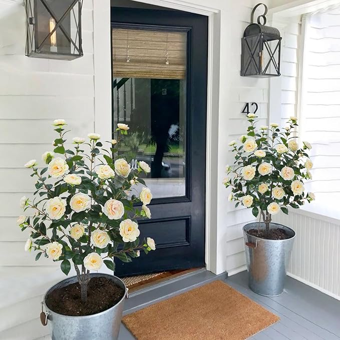 3.6FT Artificial Camellia Fake Tree, Artificial Plants & Flowers with 32 Yellow Pink Flowers for Door Front Decoration Porch Patio Living Room Office Indoor Outdoor Decor (2PCS Contains Faux Moss)