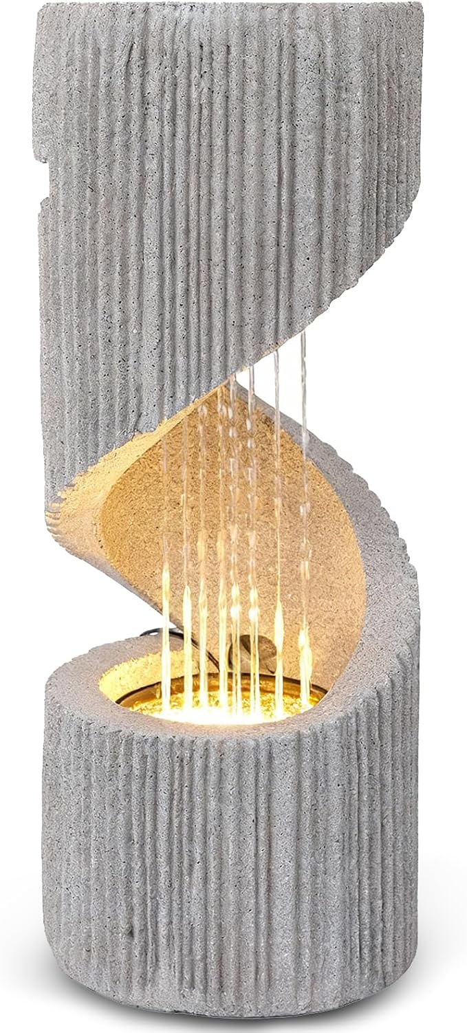 30" H Outdoor Water Fountain with LED Light, S-Shaped Modern Curved Outdoor Fountain, Spiral Column Fountain, Decorative Waterfall Feature with Flat Top Plant Display for Garden, Patio Decor