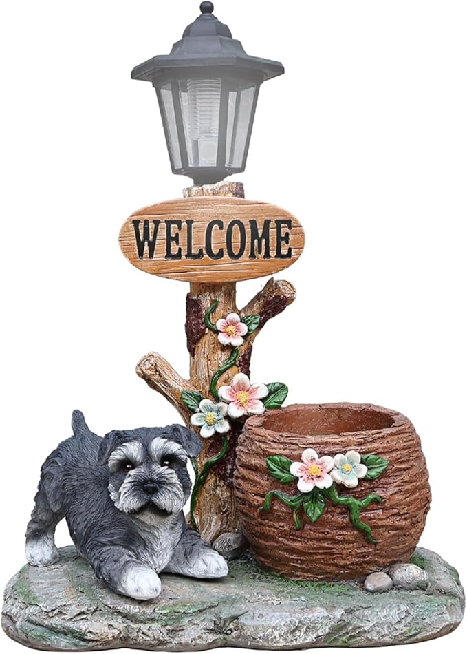 Animal Outdoor Statue Planter Solar Light Welcome Garden Sculpture Resin Flower Pot Decorative Porch Patio Yard Lawn Entryway Figurine with LED Lamp Rustic Plant Holder Ornament Courtyard (A)