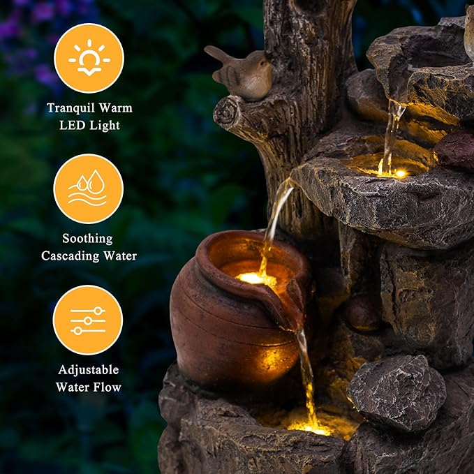 18.9" H Water Fountain Outdoor/Indoor, Garden Fountain with LED Lights, Rock Pottery Jar Waterfall Fountain for Patio Porch Yard Backyard Farmhouse