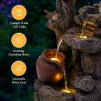 18.9" H Water Fountain Outdoor/Indoor, Garden Fountain with LED Lights, Rock Pottery Jar Waterfall Fountain for Patio Porch Yard Backyard Farmhouse