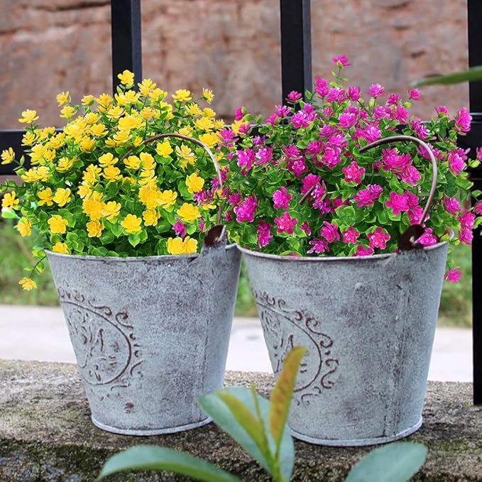12 Bundles Outdoor Artificial Flowers UV Resistant Fake Boxwood Plants, Faux Greenery for Indoor Outside Hanging Plants Garden Porch Window Box Home Wedding Farmhouse Décor (Magenta)