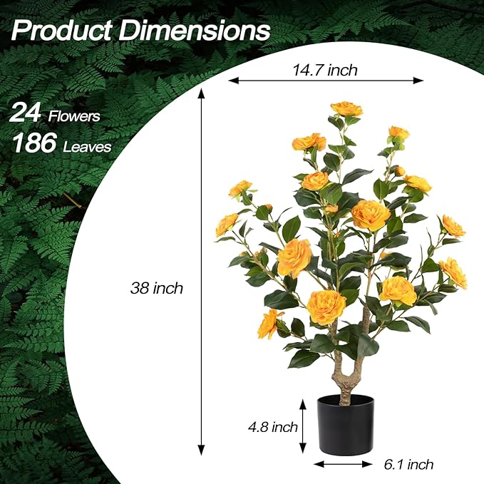 Artificial Camellia Tree 2 Pack - Realistic Camellia Plants in Pot with Orange Flowers, Lifelike Faux Greenery for Living Room, Patio, or Wedding, Orange