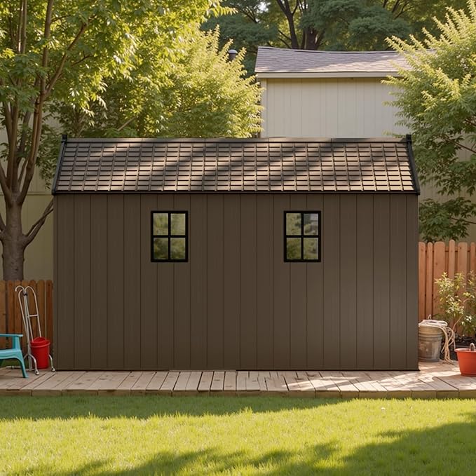 Patiowell 8 x 12 FT Plastic Outdoor Storage Shed with Floor, Resin Shed with Window and Lockable Door for Garden, Backyard, Tool Storage Use, Easy Assemble, Gray (Kick-it Shed)