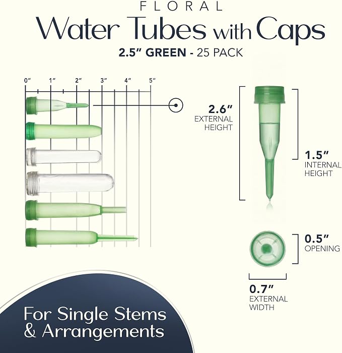Royal Imports Floral Water Tubes with Caps – 2.5" Green Plastic Flower Vials for Single Stem Roses, Buds, Bouquets – Pointed Style, 1/2" Opening – 25 Pack
