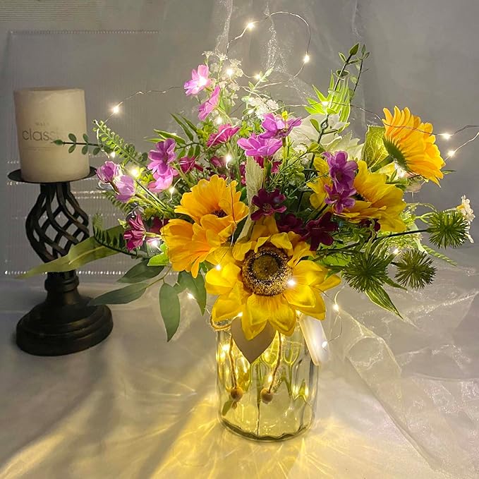 Sunflower Fake Flowers in Vase, Sunflowers Lavender Artificial Flowers with Vase for Table Centerpieces, Silk Flower Bouquet Faux Floral Arrangements Kitchen Farmhouse Cemetery Gravesites Decor