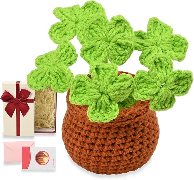 Handmade Positive Crochet Flowers, Four-leaf Clover Gifts - Good Luck, New Job, New Business, Encouragement Gifts for Coworker, Boss, Friends - Emotional Support Crochet Plants for Desk Decor