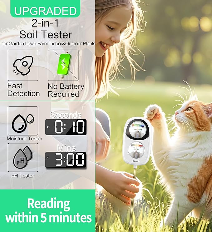 2-in-1 Moisture Meter for Plants, Soil Moisture Meter & PH Meter, Large Dual-Screen Soil Test Kit, Essential Garden Tools for Indoor/Outdoor Plant, Lawn, Farm, No Battery Needed