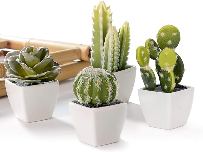 Artificial Mini Succulent & Cactus Plants in White Cube-Shaped Pots for Home Decor, Set of 4